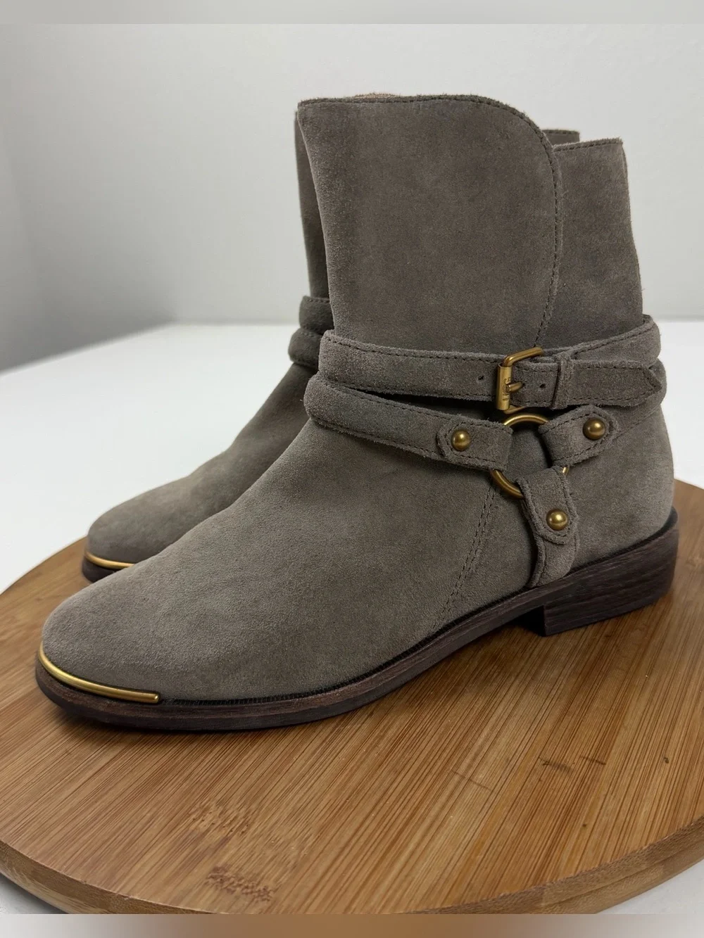 UGG Taupe Suede Harness Ankle Boots with Brass Accents